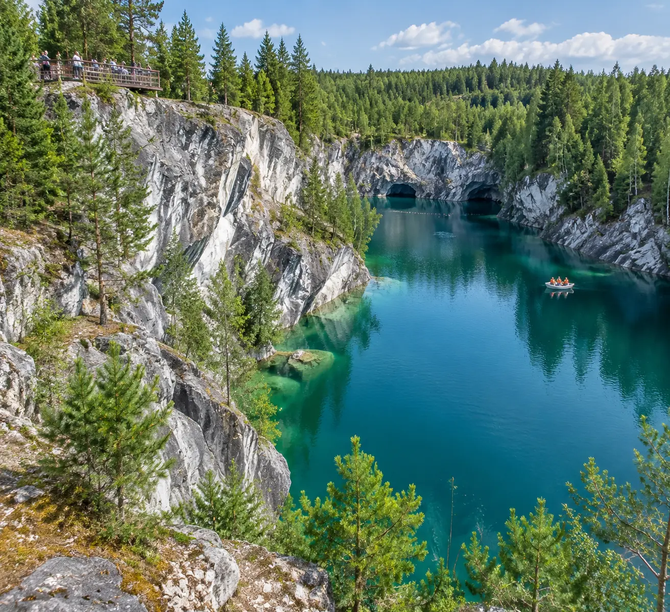 Спокойная бирюзовая вода Мраморного каньона в Рускеале, сосны по скальным краям и верхняя смотровая площадка в ясный летний день.