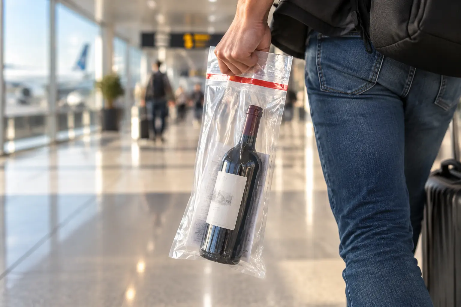 Пакет STEB с покупкой из duty free Запечатанный пакет STEB с бутылкой вина из duty free, который пассажир несёт к выходу на посадку в стерильной зоне аэропорта.