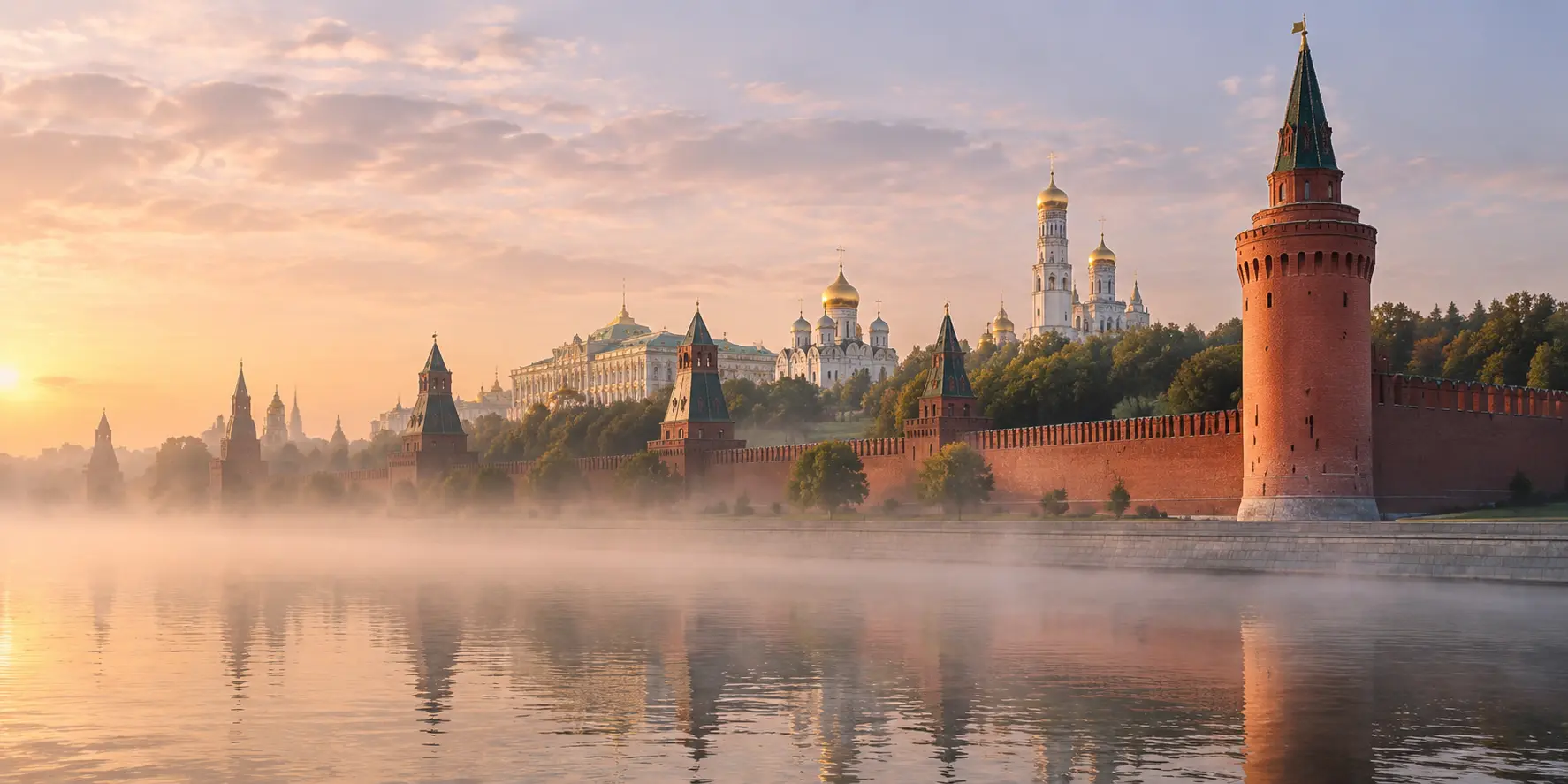 Панорама Коломенского кремля с Маринкиной башней на рассвете, снятая с противоположного берега Москвы-реки во время однодневной поездки.