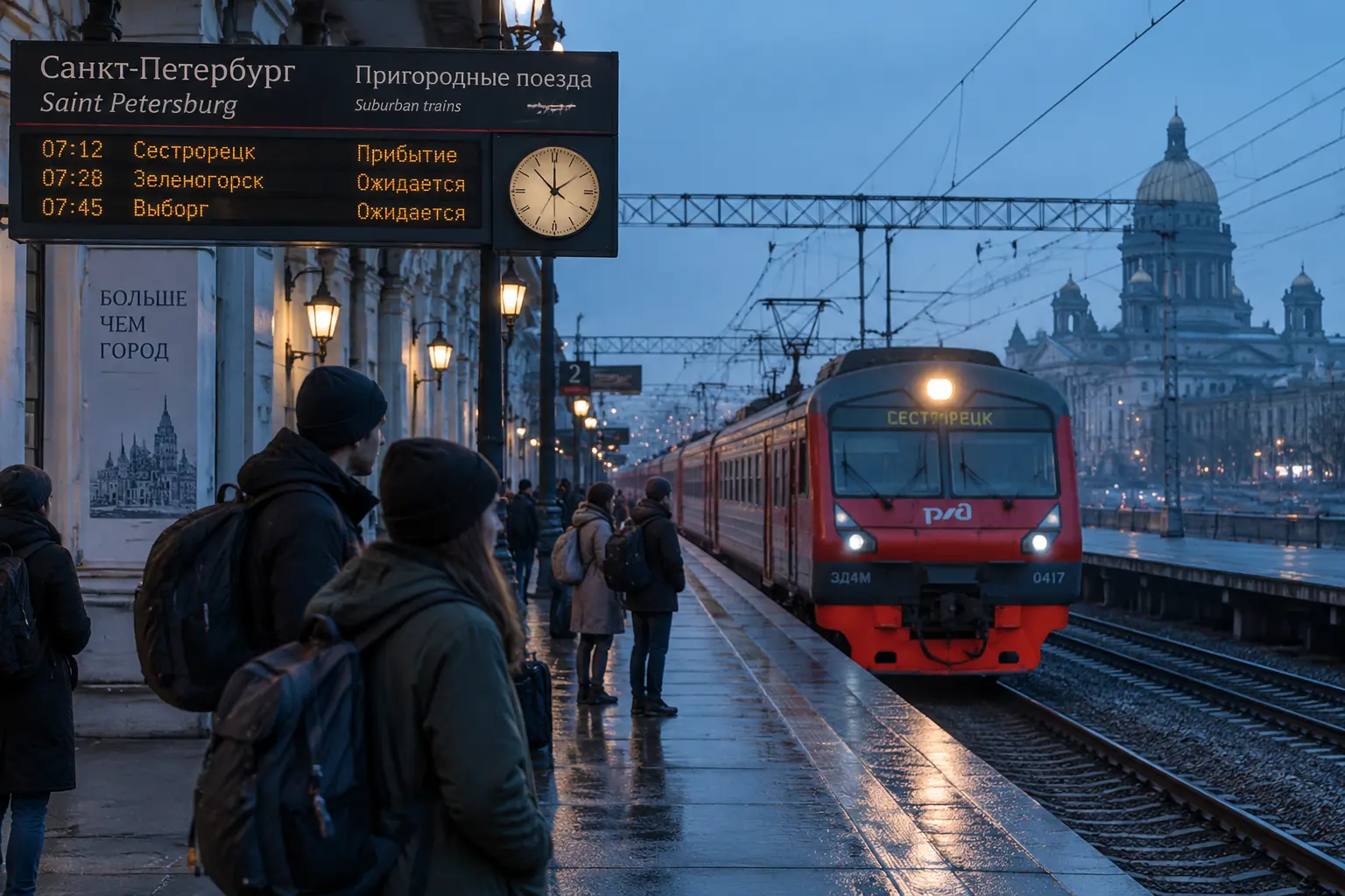 Ранний перрон Финляндского вокзала в Петербурге, где пассажиры с рюкзаками ждут первую «Ласточку» на Выборг в субботу утром.