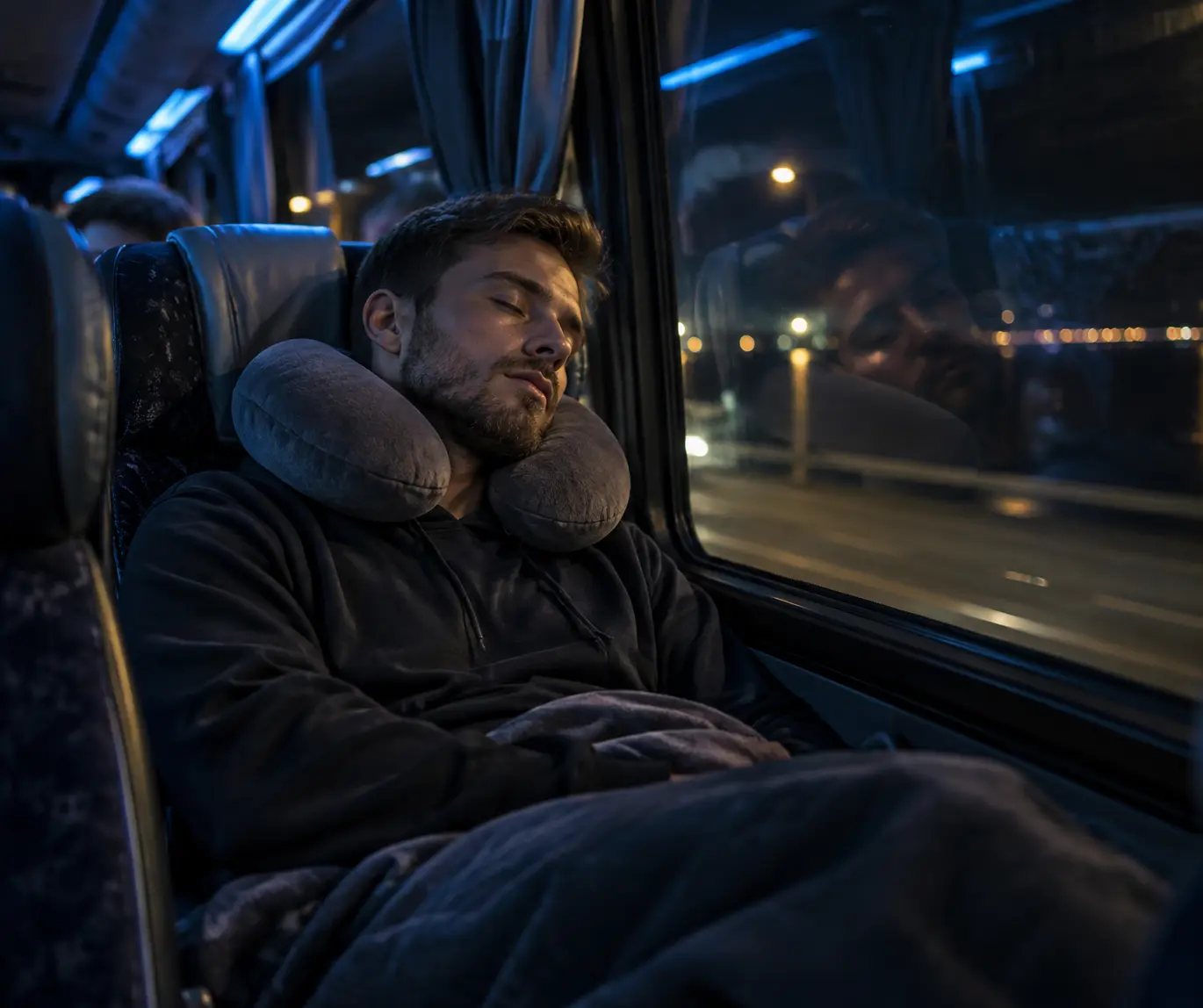 Дорожная подушка в форме буквы U обхватывает шею пассажира, который дремлет в кресле ночного автобуса между двумя городами.