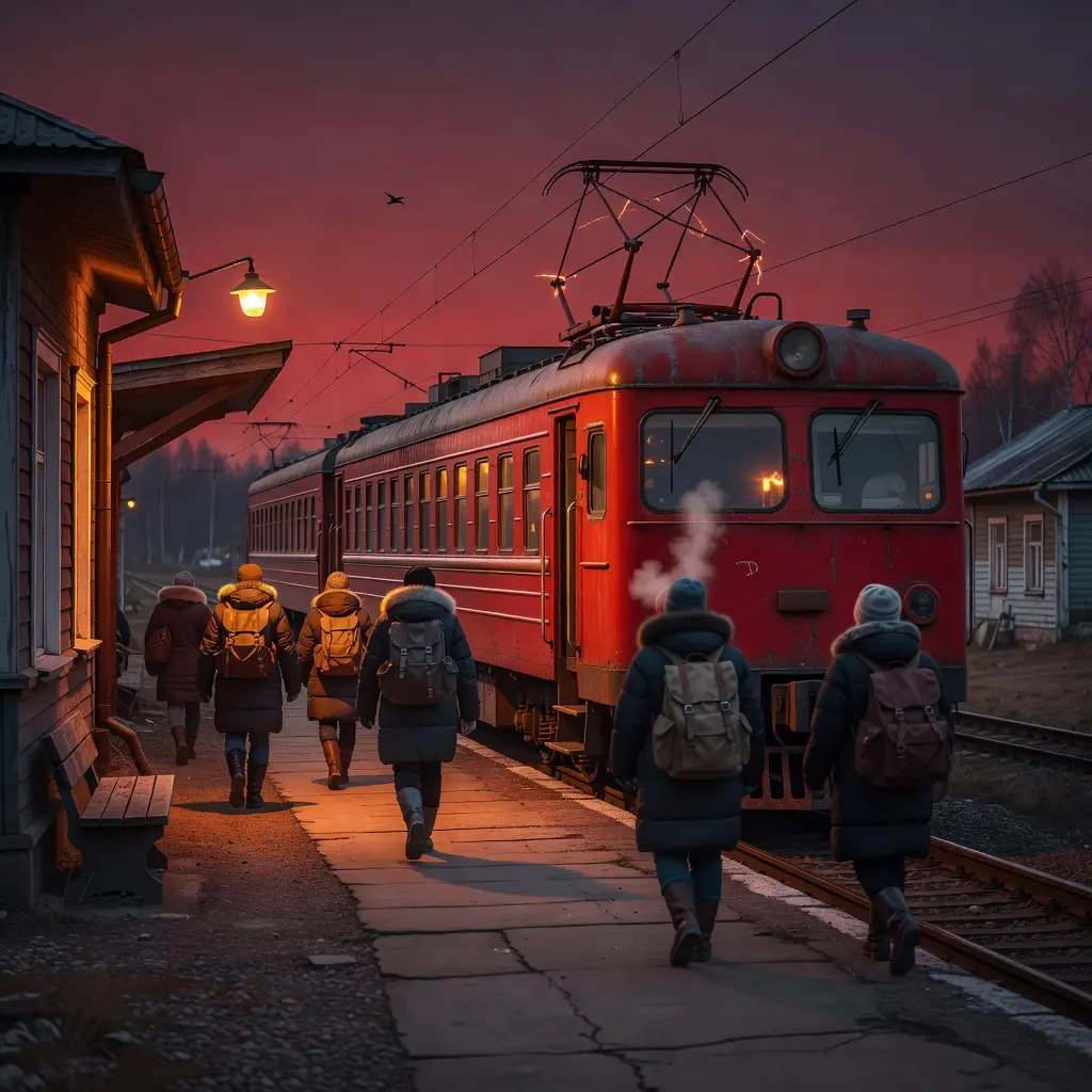 Поезд «Ласточка» у вечернего перрона в Твери: пассажиры с рюкзаками выходят на платформу, начиная мини-отпуск в незнакомом городе.